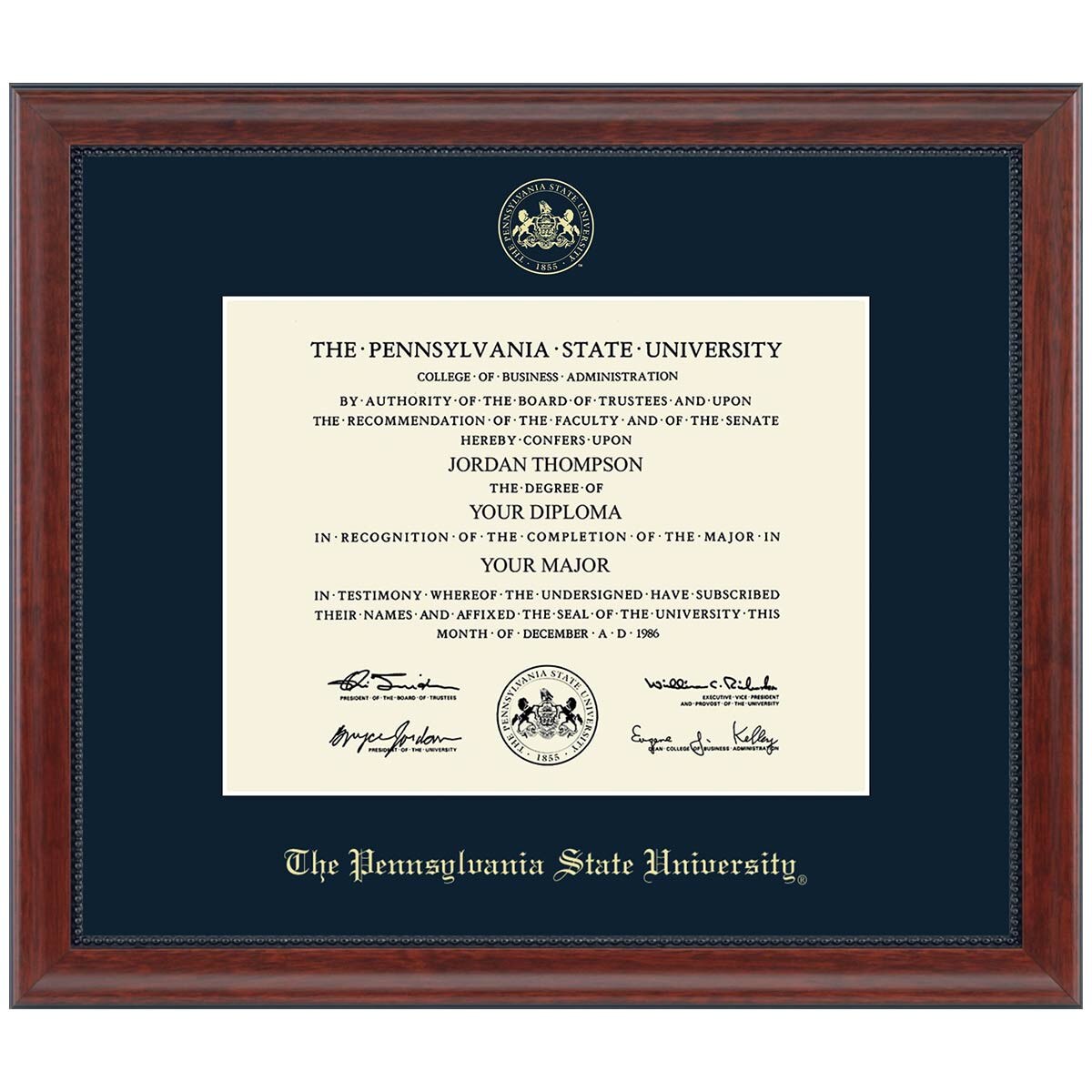 diploma frame #131, gold embossed seal The Pennsylvania State University, navy mat, Signature molding cherry finish